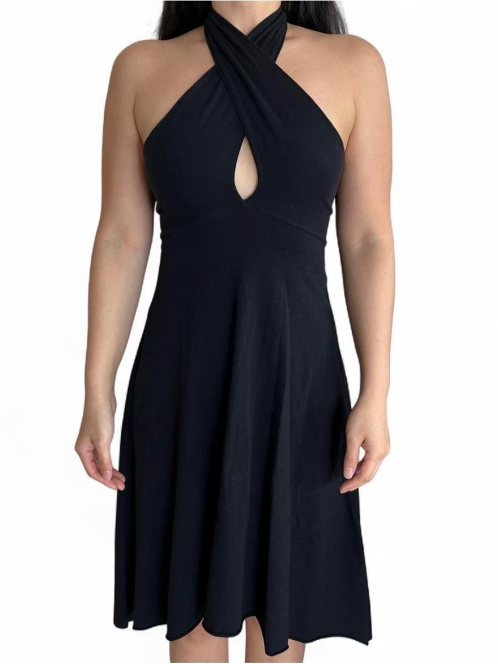 American Apparel Black Halter Keyhole Dress Size S Y2K Fit Flare Open Back